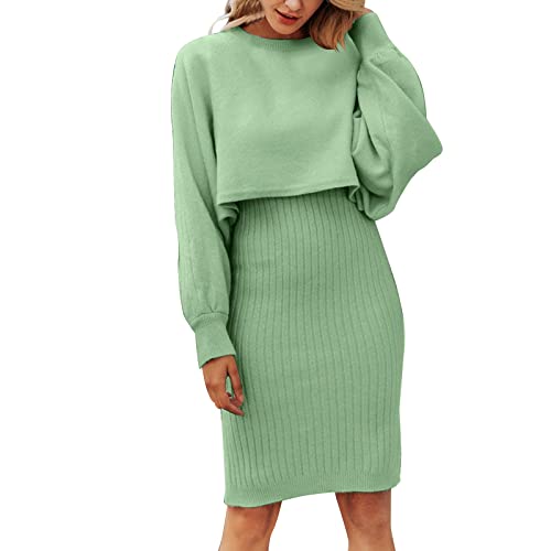 KBOPLEMQ Damen Gestrickt Kleid Set Oberteil Pullover Pulli und Kleid Bodycon 2 Teiliges Sweater Wickelkleid Pulloverkleid Knitted Dress Set Winter...