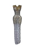 Women Sleeveless Silver Long Dress Sexy Mesh See Through Evening Prom Birthday Dress Silver S