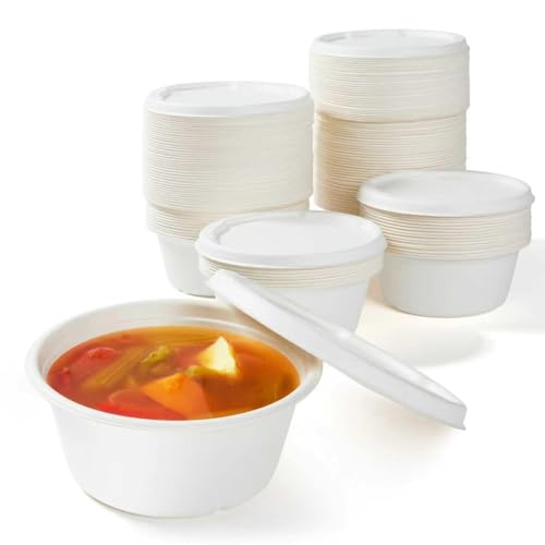 29 oz Disposable Bagasse Bowls with Lids 50 Pack Compostable Soup Bowls with Lids Sugarcane Fiber Food Containers Enhanced Coating Oil & Moisture Resistant Microwave Safe for Takeout & Meal Prep