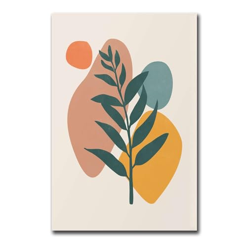 Poster Decorative Canvas Painting Abstract Boho Leaf Print Orange Mustard Teal Mid Century Modern Poster Canva Painting Wall Art Print Bedroom and Kitchen Office Wall Decoration 12x18inch without Frame