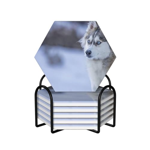 Blue Eyed Dog Untersetzer für Getränke, runde saugfähige Keramikstein-Untersetzer, Set mit 6 Stück, mit Halter für verschiedene Tassen, Heimdekoration, 10,2 cm, sechseckig