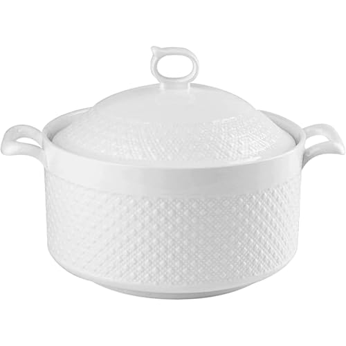 Ceramic White Soup Tureen with Lid Porcelain Serving Tureens for Restaurant Home Kitchen Decoration Ceramic Casserole Dish for Dinner and Party, Microwave and Dishwasher Safe,White,9inch