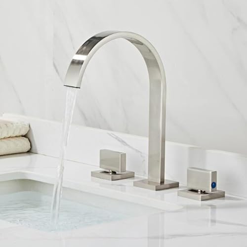 Grifo Mezclador De Baño De 3 Orificios, Grifos De Lavabo, Grifo De Cascada De Latón, 2 Manijas, Grifo De Lavabo De Baño De Agua Fría Y Caliente(Brushed)