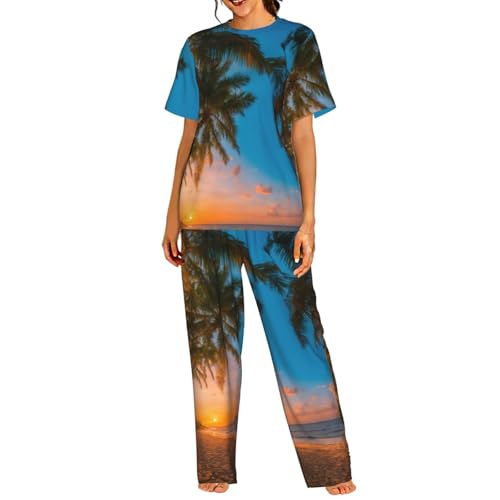 Pyjama à manches courtes femme palmier hawaïen et coucher de soleil pour nuit d'été