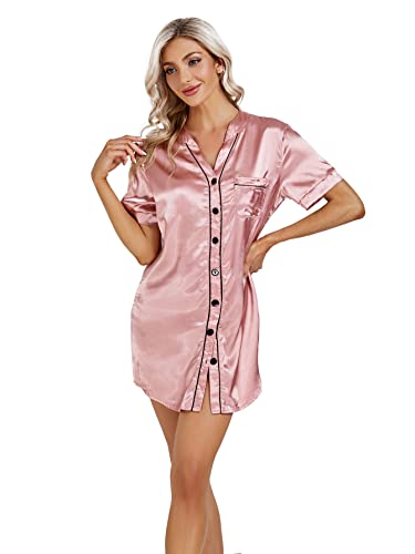 Lyaner Women's V Neck Satin Button Down Short Sleeve Sleepshirt Sleepwear Nightgown Dusty Pink X-Small #TOP4