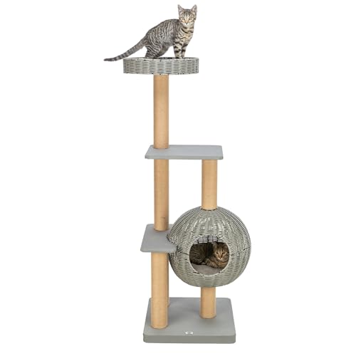 TRIXIE Outdoor Kratzbaum Amalia – Kratzbaum für draußen – mit Liegeplätzen & Höhle – wasserabweisend – grau – 143 cm