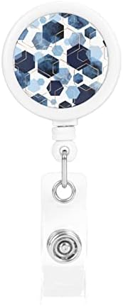 Navy Blue Geometric Pattern Badge Reels Retractable Badge Holders with 360° Rotation Id Badge Holder with Lanyard Key Holder for Belt Clip Key Ring