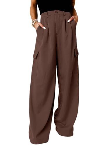 Dokotoo Women's Pants Lady Pants High Waisted Baggy Wide Leg Ladies Trousers Mom Boyfriend Cargo Jeans for Women Trendy Casual 2024 Trouser 4 Pockets Coffee