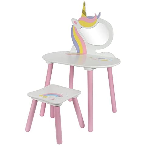 Laeto House And Home Kids Wooden Unicorn Dressing Table With Mirror And Stool Vanity Set For Young Children Cover
