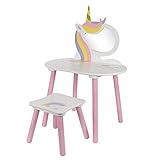 Schminktisch für Kinder: Das sind die 7 Beliebtesten Laeto House And Home Schminktisch mit Spiegel und Hocker, Holz, Einhorn-Design, für kleine Kinder