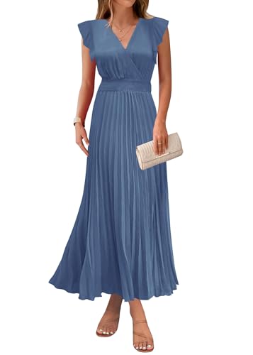 Image of KIRUNDO Women's Summer Maxi Dresses Elegant V Neck Ruffle Flutter Sleeves Empire Waist Pleated Flowy Wedding Guest Dress