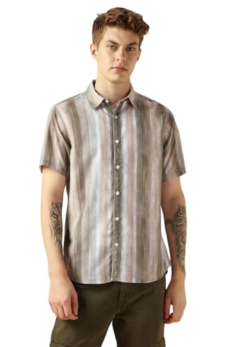 Image of Dennis Lingo Men's Brown Cotton Spread Collar Short Sleeves Printed Shirts