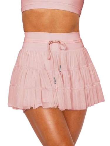 EARKOHA 2025 Skirts for Women High Waist Tie Pleated Solid Color Mini Skirt with Pockets Pink S