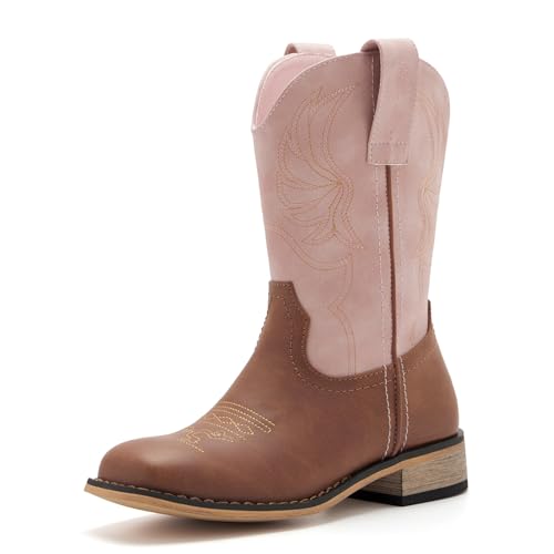 Botas vaqueras bordadas para niños y niñas, botas vaqueras con punta cuadrada, a media pantorrilla, zapatos de equitación para niños pequeños y grandes, Rosado/Marrón, 10 Toddler