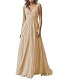 YUESUO Champagne Colored Wedding Bridesmaid Dresses Long V-Neck Chiffon Formal Evening Party Dress for Women 2022