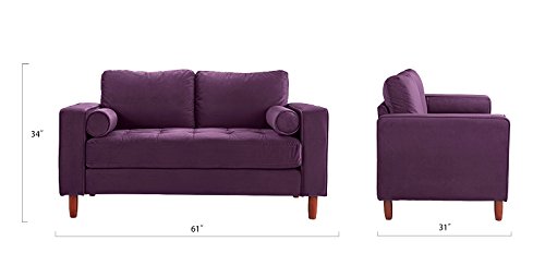 Divano Roma Furniture Couch for Living Room, Tufted Velvet Fabric Sofa with Back Cushions, Tufted Bottom and 2 Extra Cushions (Purple)