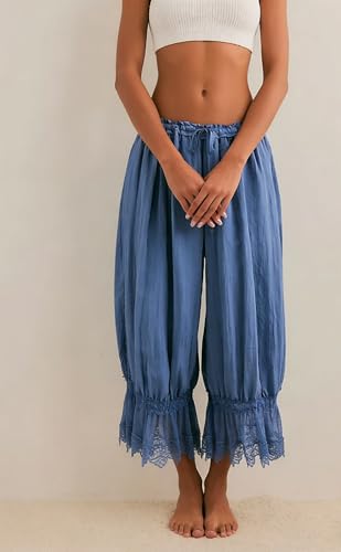 Image of NUFIWI Women Ruffle Long Bloomer Y2k Lace Trim Pettipants Pantaloons Mid Rise Cropped Pajama Pants Under Dress Slips