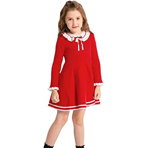 SMILING PINKER ZHUANNIAN Girls Dress Long Sleeve Jumper Kids Party Birthday Ruffle Bowknot Dresses Winter (Red, 4-5 Years) Cover
