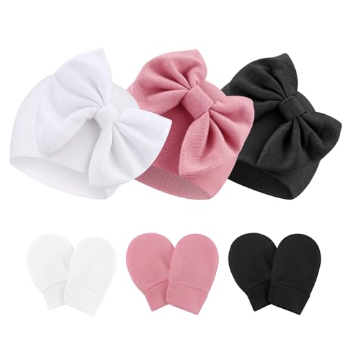 Image of Newborn Baby Hats and Mittens Set Infant Bow Beanie Cap Toddler Gloves Newborn Hospital Hats for Baby Boy Girl 0-12 Months