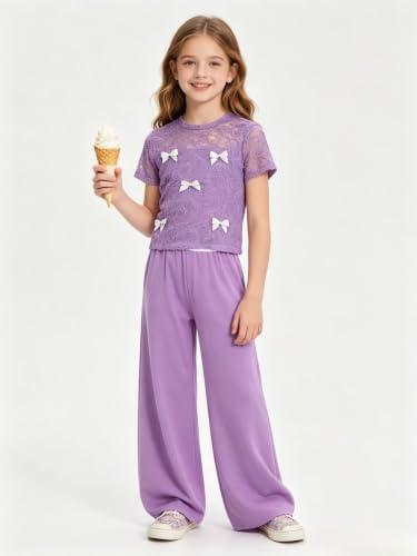 Image of Girls Clothes 2 Piece Short Sleeve Lace Bow Print Tops Flared Pants Set Little Girl Outfits Size 7-14