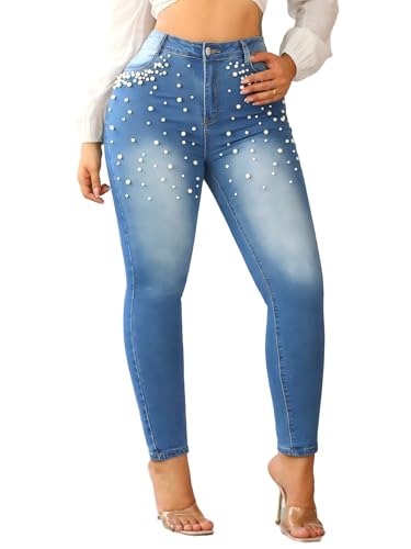 Women's Skinny Jeans Classic Mid Waist Stretchy Denim Pants with Pearls Rhinestones (US, Alpha, Large, Regular, Regular, Blue)