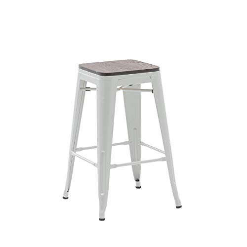 Alunaune 26" Metal Bar Stools Set Of 4 Industrial Backless Counter Height Barstools Stackable Kitchen Patio Stool Wood Top-White #TOP7