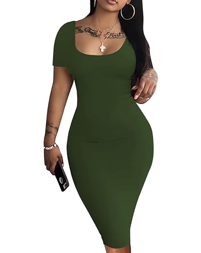 Image of Nimsruc Womens Summer Casual Sexy Short Sleeve Bodycon Dress Basic Pencil Midi Club Dresses