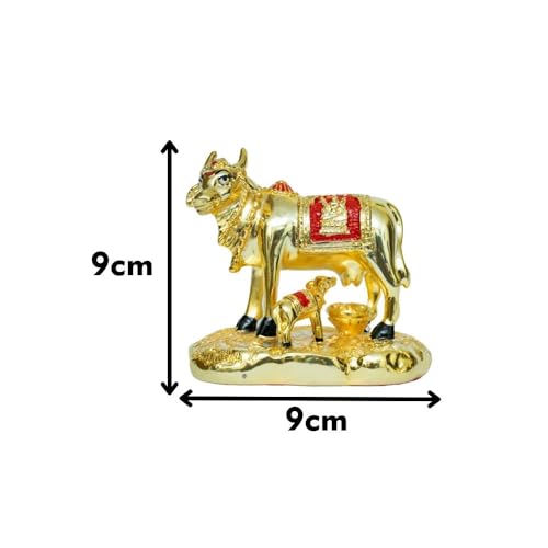 Image of Gold Plated Cow and Calf Idol | Medium Size Gomata Statue for Home Temple & Vastu | Prosperity Showpiece for Pooja & Decor | Hindu Sacred Cow Figurine | 9 x 6 x 10 cm