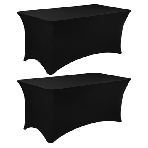 Image of 2 Pack 6FT Spandex Table Covers Washable Wrinkle Resistant Stretch Table Cloth for Folding Table Wedding Party Birthday Banquet Bar Events(Black)