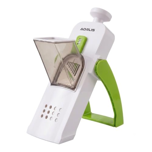 Mandolina Affettatrice Professionale, Tagliaverdure Multifunzione Regolabile per Fette, Julienne,Bastoncini e Dadi, con Contenitore, Spingitore di Sicurezza e Piedini Antiscivolo (Verde)