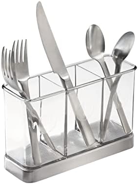 mDesign Cutlery Basket for Knives, Forks, Spoons  Cutlery Holder for Kitchen Storage of Cooking Spoon, Spatula, Whisk and More  Made of Plastic and Brushed Stainless Steel  Clear