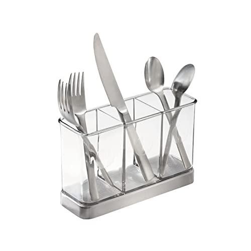mDesign Cutlery Holder Modern Cutlery Basket for The Kitchen Table, Pantry or Cupboard Kitchen Storage with 3 Compartments Clear/Chrome
