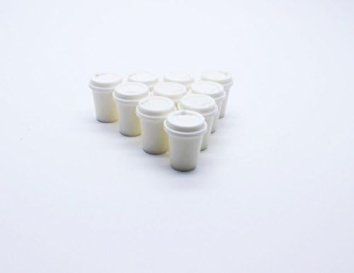 ChangThai Design Very Tiny ¾ Inch High White Plastic Takeaway Coffee Cups 10 Pieces Set - Miniature Tableware Cup Mug Tray Bowl Crockery Cutlery Kitchenware Handmade Mini Decorative Collectible Gifts