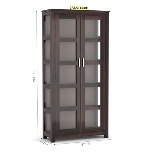 Image of Solid Sheesham Wood Book Cabinet | Tall Wooden Display Unit with 2 Glass Doors & 5 Shelves | Multipurpose Storage Organizer for Living Room & Study | Walnut Finish