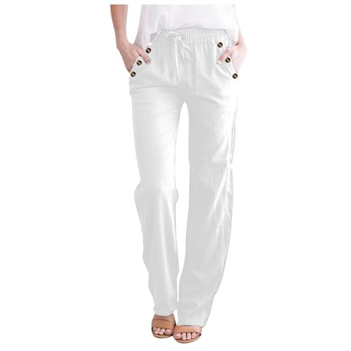 Casual Pants for Women Summer Solid Color Drawstring Elastic Waist Pants Baggy Straight Leg Long Trouser with Pocket