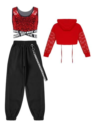 iiniim Kids Girls 3 Piece Tracksuit Shiny Crop Tops Hoodie and Jogger Pants Set Hip Hop Modern Jazz Street Dancewear4