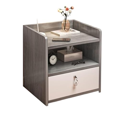 ZERIFAM Bedside Table Bed side Cabinet Night Stand with Storage Drawer and Open Shelf Grey Nightstand Easy Assembly Rounded Storage Nightstand with Locking Design Living Room Side Table