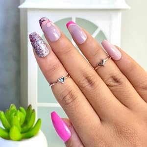 Image of Pink Ombre Glitter Press On Nails | Glossy Coffin Shape Fake Nails | French Tip & Sparkle Design | Reusable Stick On Nails with Glue Kit