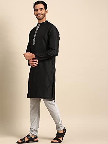 Image of Men's Black Art Silk Regular Fit Ethnic Motifs Kurta | Indian Kurta | Festive Ethnic Kurta with Embroidered Packet