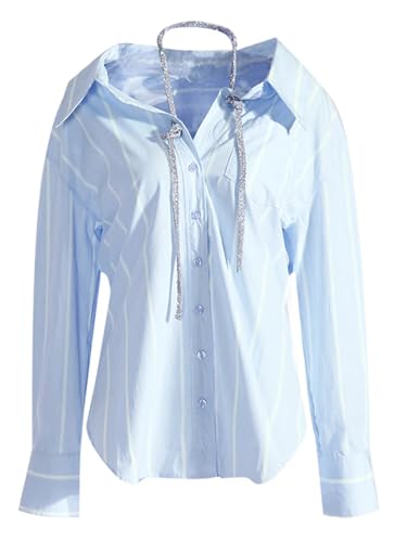 Vsadsau Women Rhinestones Striped Big Size Blouse Lapel Long Sleeve Loose Spring Autumn Shirt