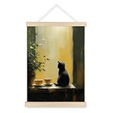 JOQUXI Retro Black Cat Wall Art Decor, Cat Room Home Decor, Vintage Coffee Tea Cup Travel Framed Artwork Poster Prints for Cafe Bar Kitchen Dining Room, 12x16 Inch