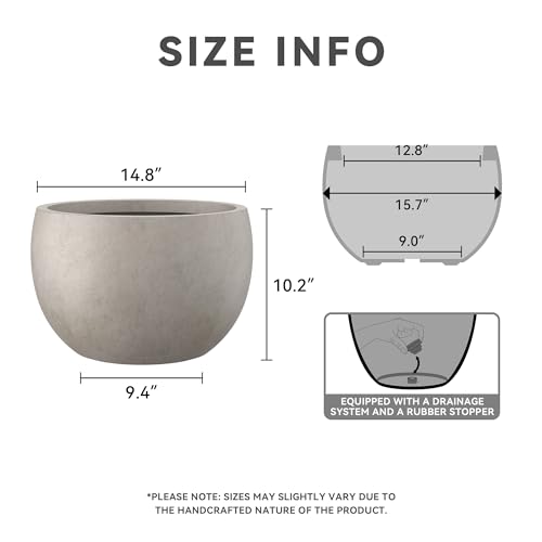 Kante 15.7" Dia Round Concrete Planter, Outdoor/Indoor Large Bowl Plant Pots with Drainage Hole and Rubber Plug for Garden Patio Balcony Home, Weathered Concrete - Image 3