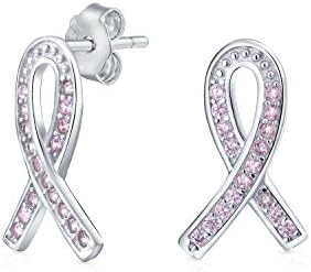 Pink Cubic Zirconia Pave CZ Breast Cancer Awareness Support Stud Earrings For Women .925 Sterling Silver