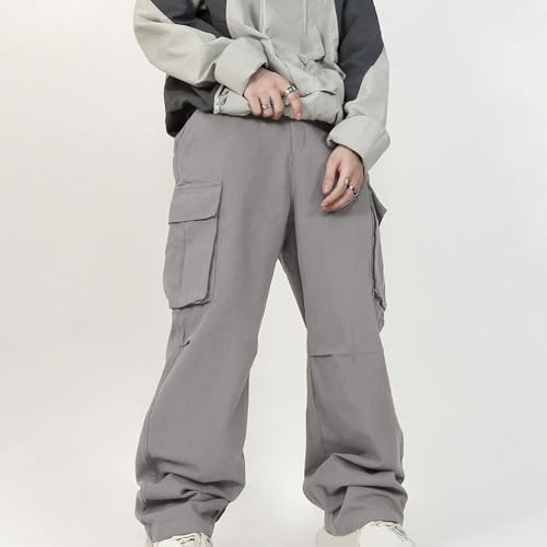 Mens Wide Leg Cargo Pants Elastic Waist Loose Fit Multi-Pocket Solid Color Sweatpants Baggy Leisure Trousers2