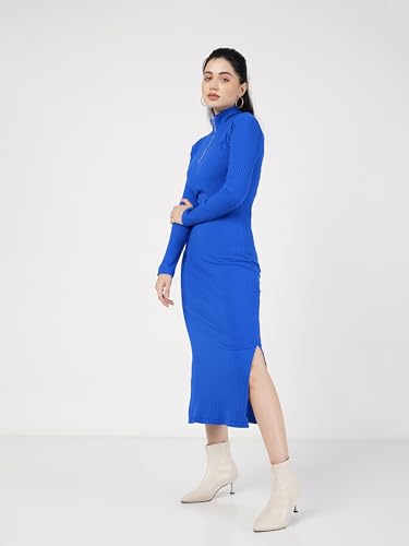 Image of Sassafras Women Bottle Rib High Neck Front Zipper Bodycon Midi Dress
