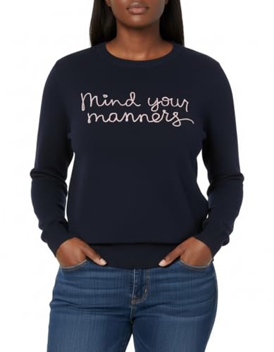Mind Your Manners Womens Navy Cotton Pullover Sweater with Pink Embroidery Balloon Sleeves Adult Size (US Alpha Large Regular Regular)