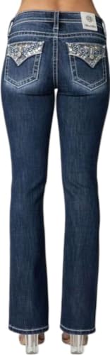 Miss Me - Womens 30" Wing Flip Mid-Rise Bootcut Jeans, Color Dark Blue, Size: 24W x 30L2