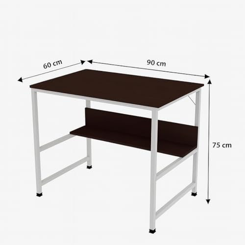 Image of Multipurpose Wood Study Table with Shelf Computer, Laptop & Office Workstation Desk for Home & Work - Easy to Assemble Gaming Concept Desk (Brown Board White Metal)(L*90,B*60,H*75)cm.