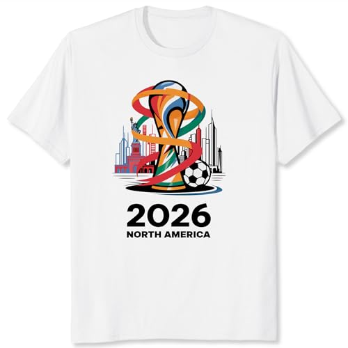Sujoda Soccer Trophy Celebration Shirt Abstract Soccer Cup City Skyline Graphic Tee for Men White