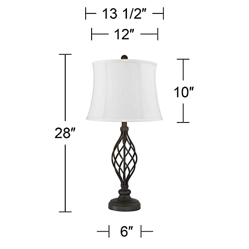 Franklin Iron Works Annie Modern Industrial Table Lamps 28" Tall Set Of 2 Bronze Metal White Fabric Softback Drum Shade For Bedroom Living Room House Home Bedside Nightstand Office Entryway Family #TOP3